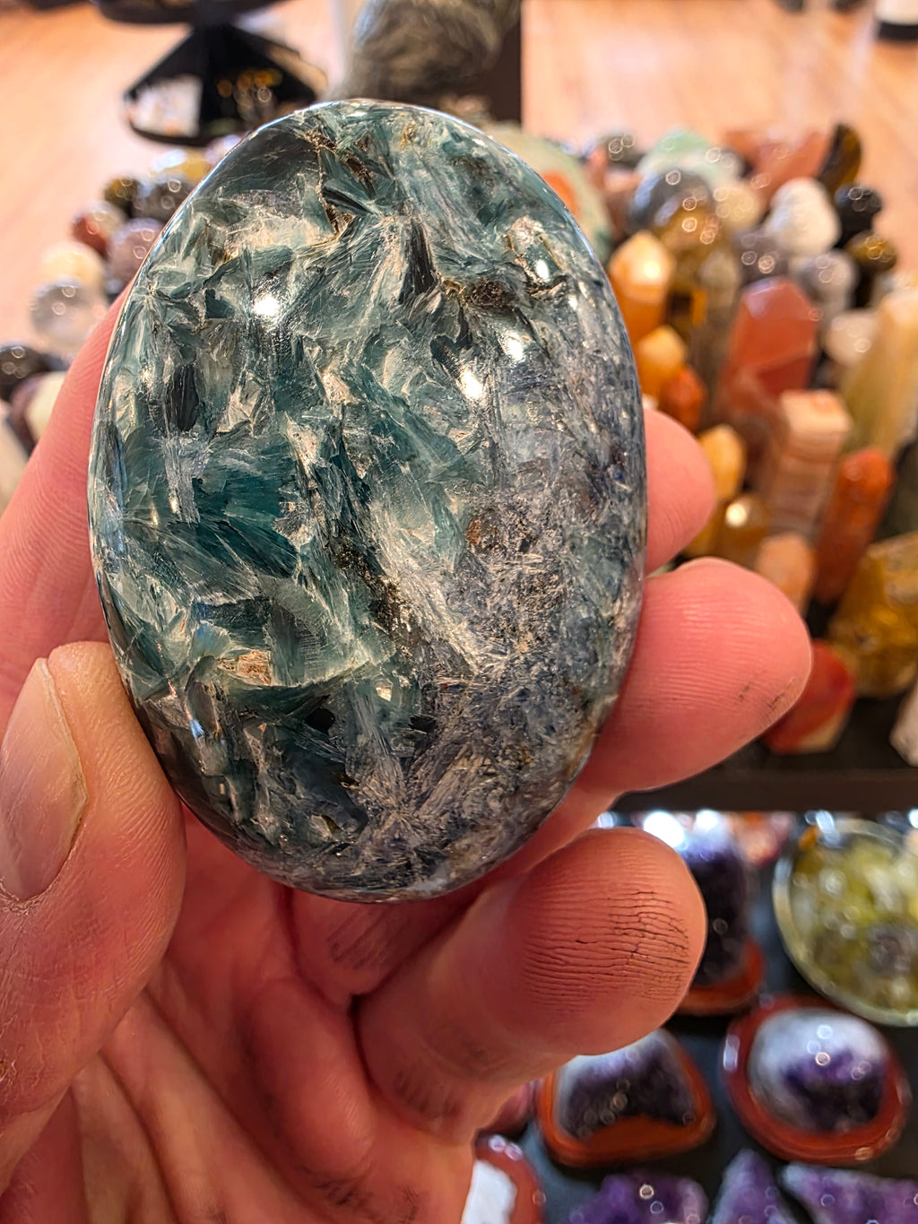 Green and Blue Kyanite Palm Stone