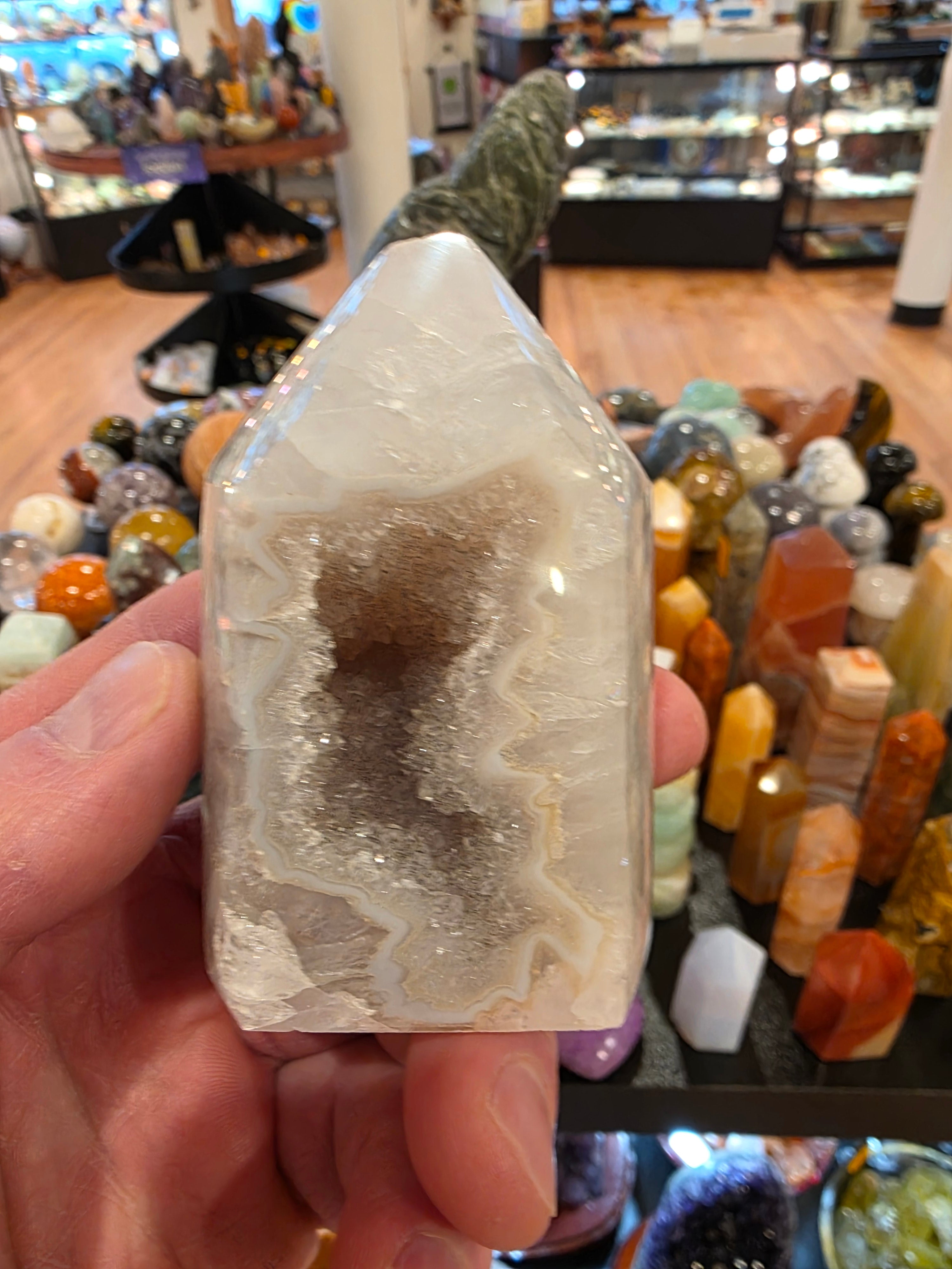Agate in Quartz Druzy Tower