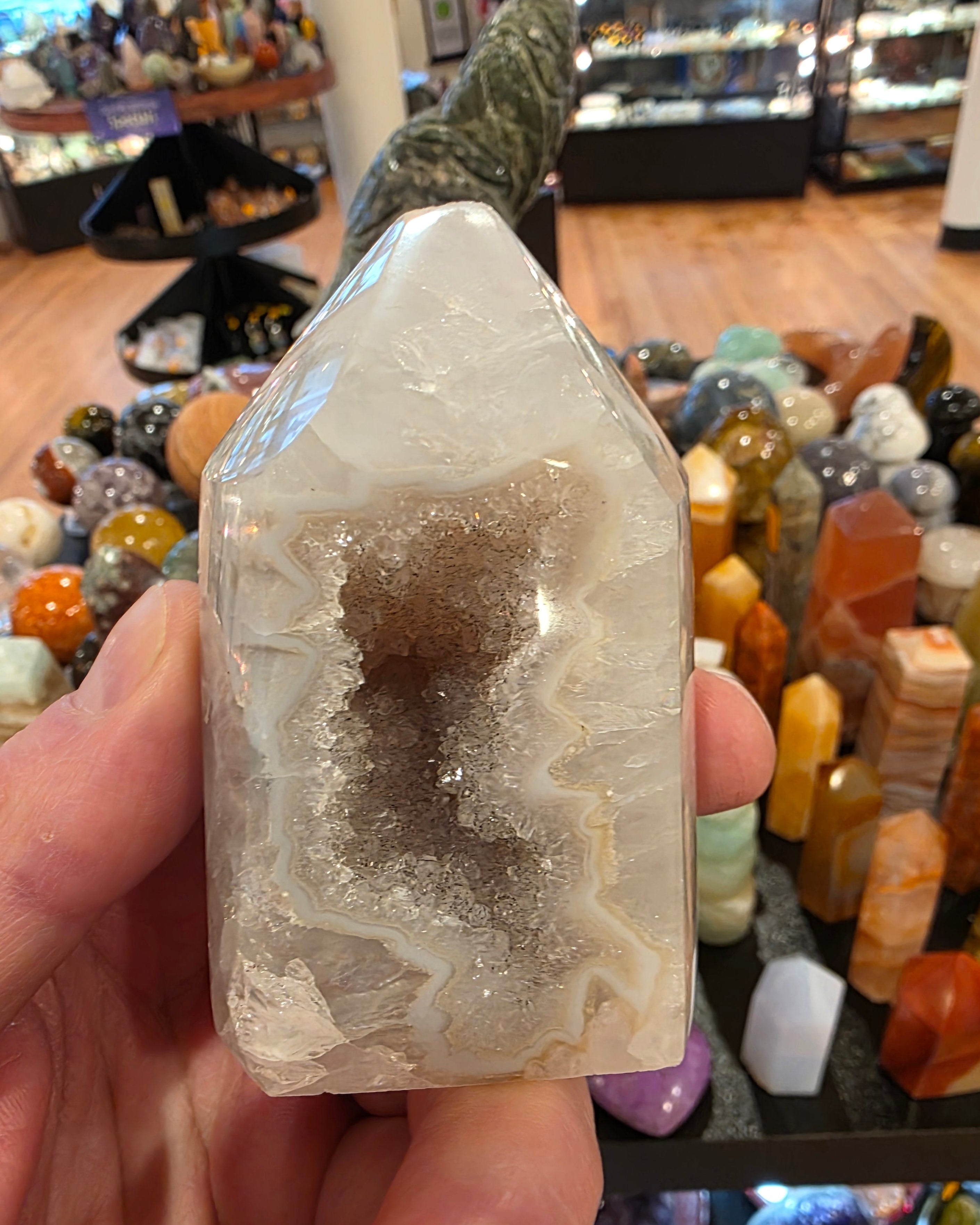 Agate in Quartz Druzy Tower