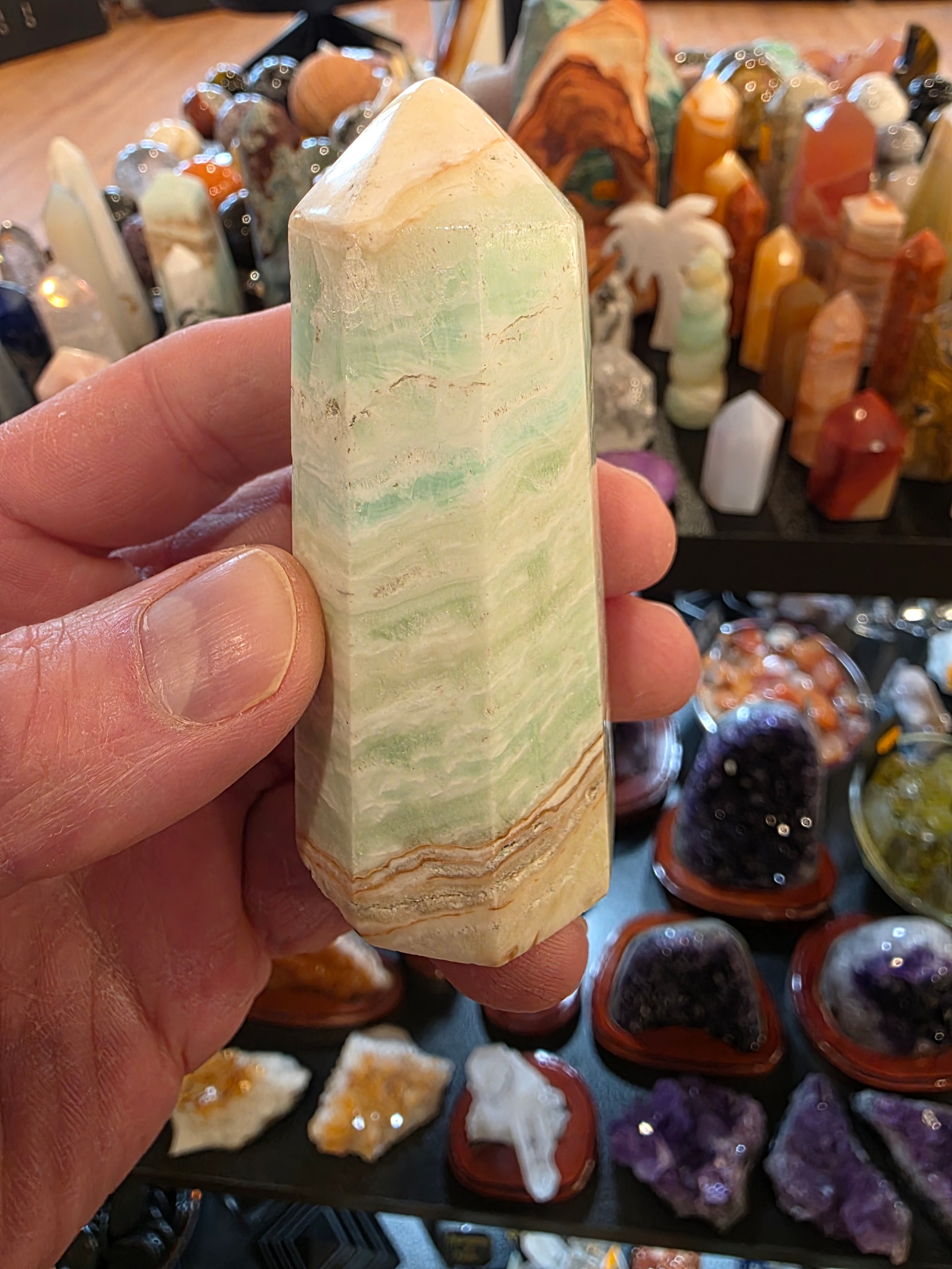 Green with Blue Aragonite Tower