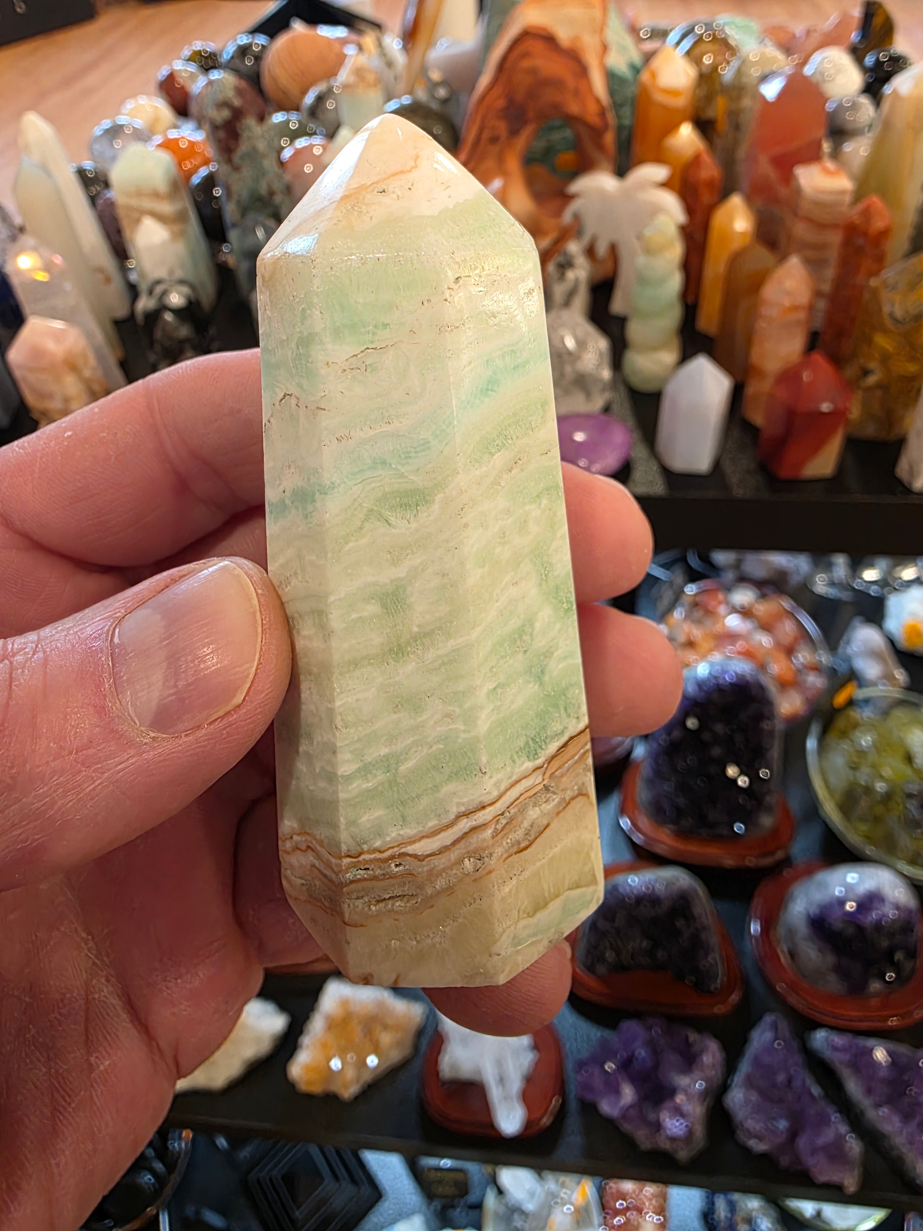 Green with Blue Aragonite Tower