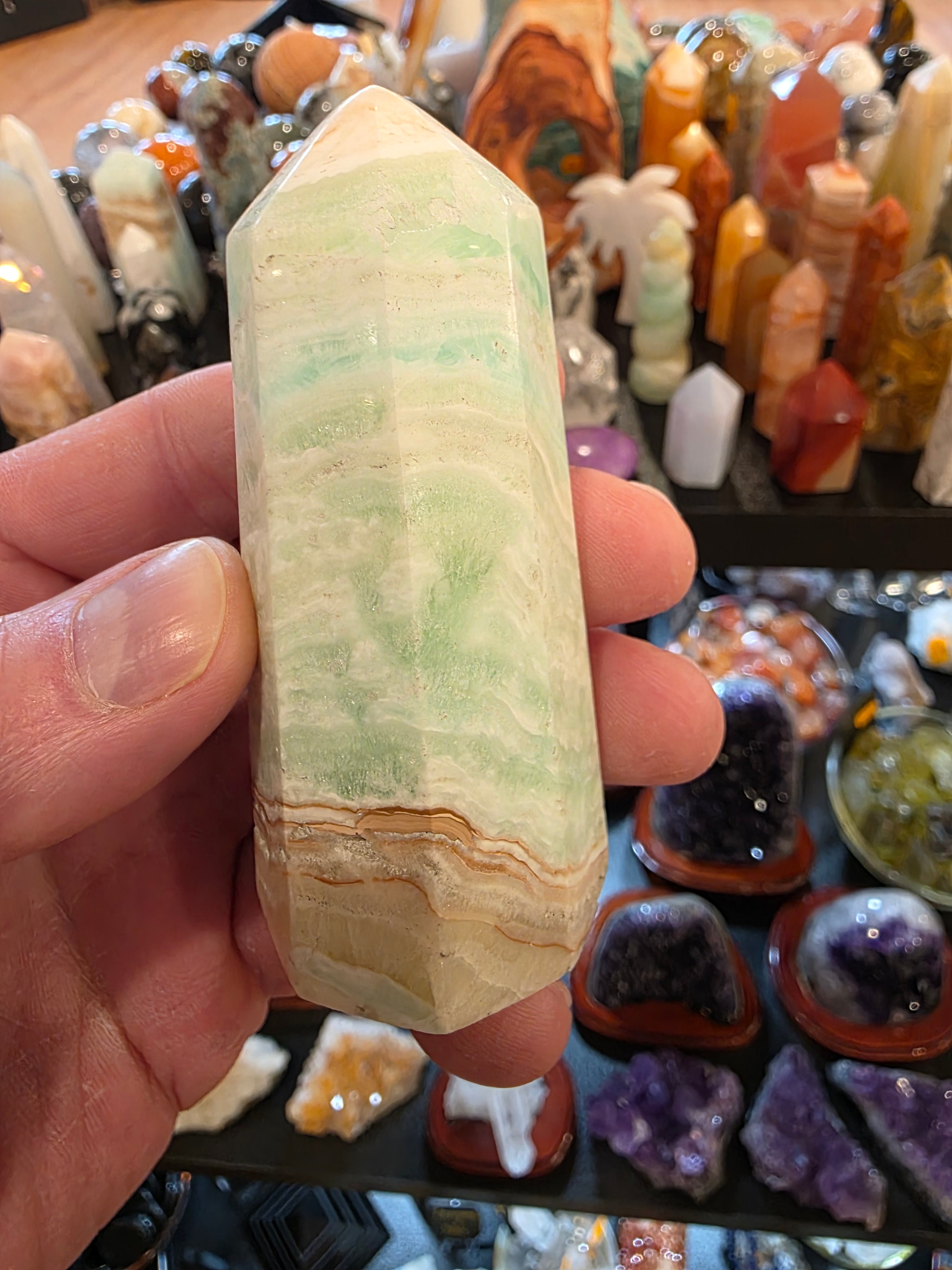Green with Blue Aragonite Tower