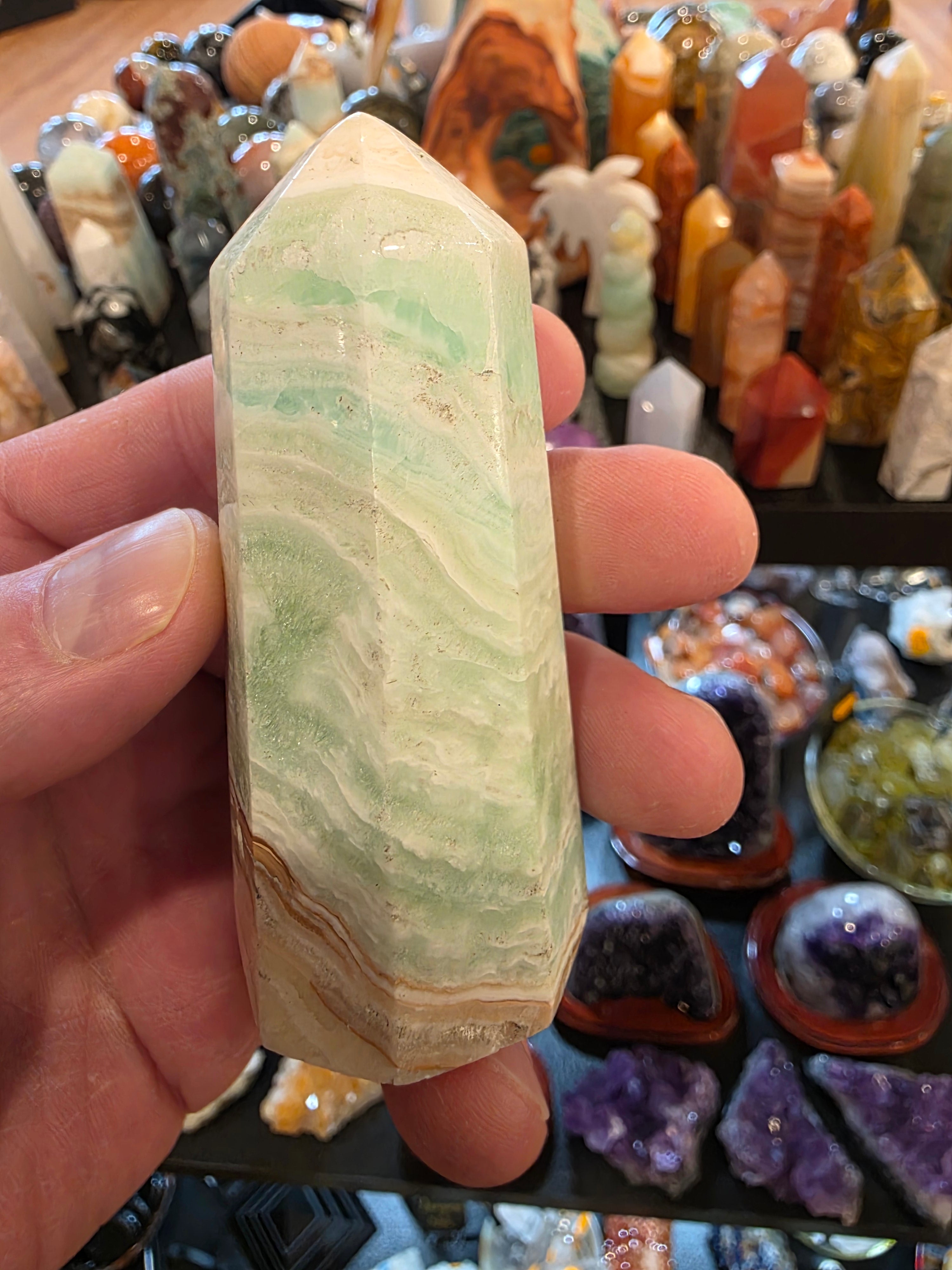 Green with Blue Aragonite Tower