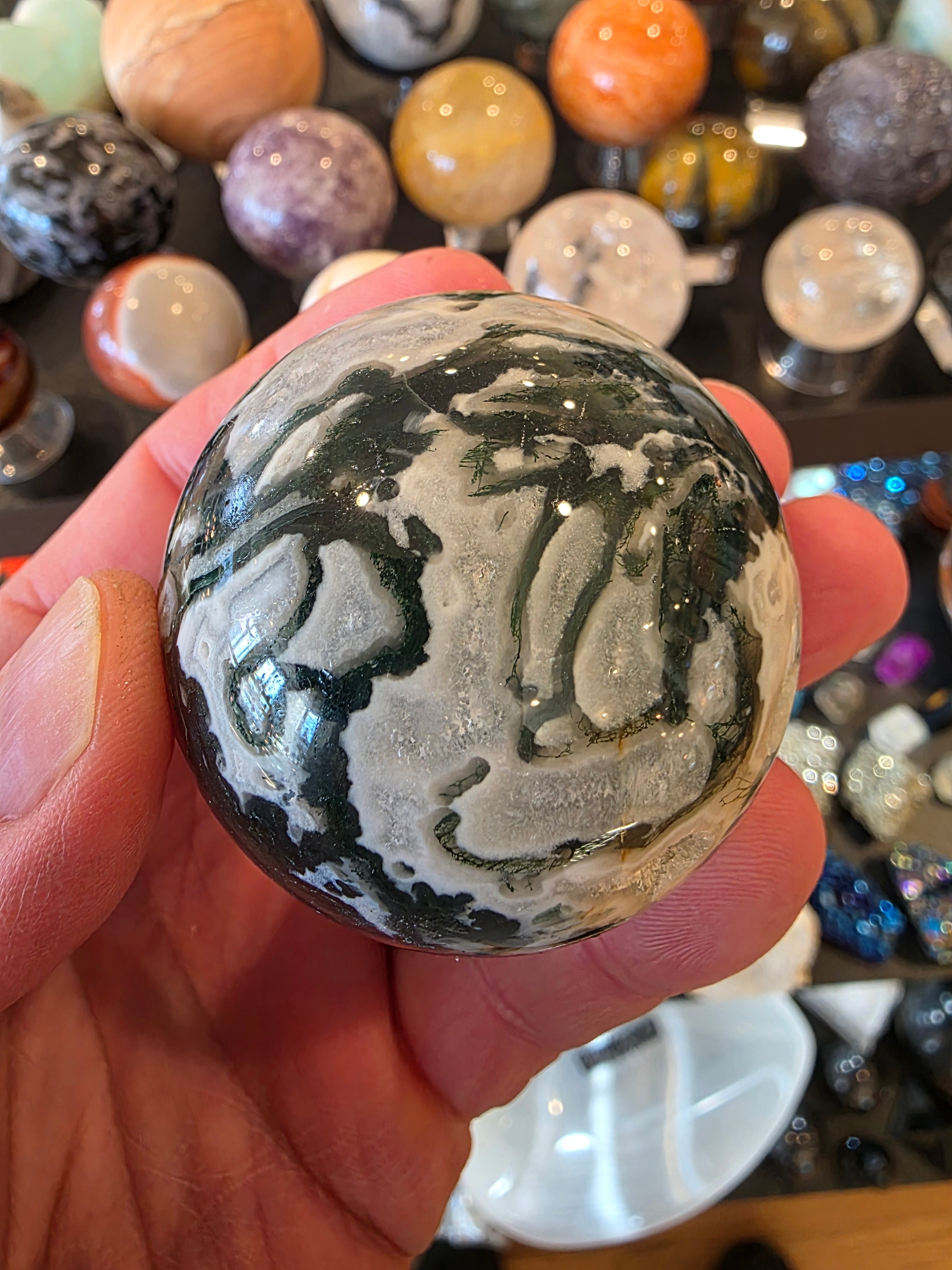Moss Agate Sphere with Druzy