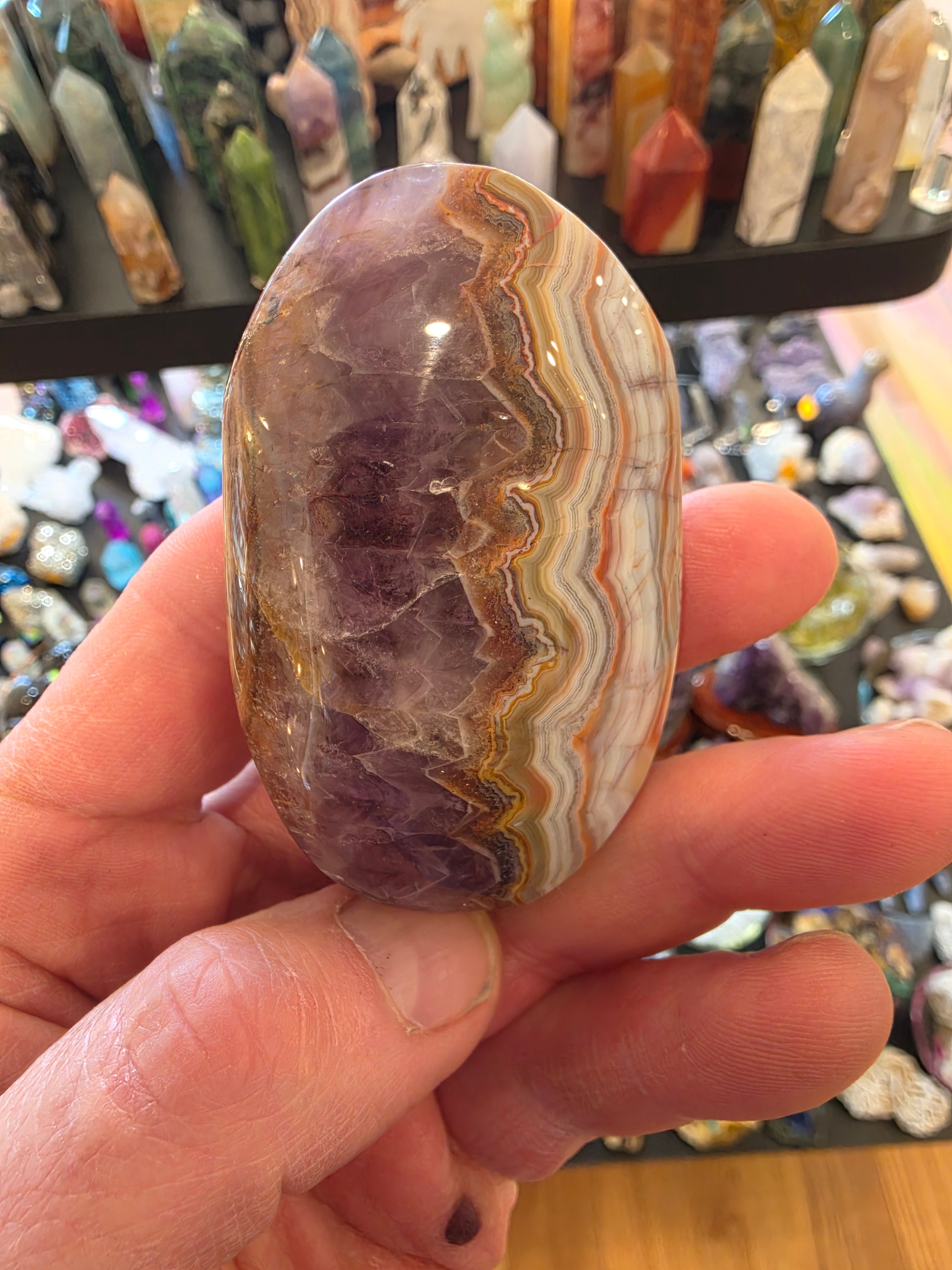 Crazy Lace Agate in Amethyst Palm Stone