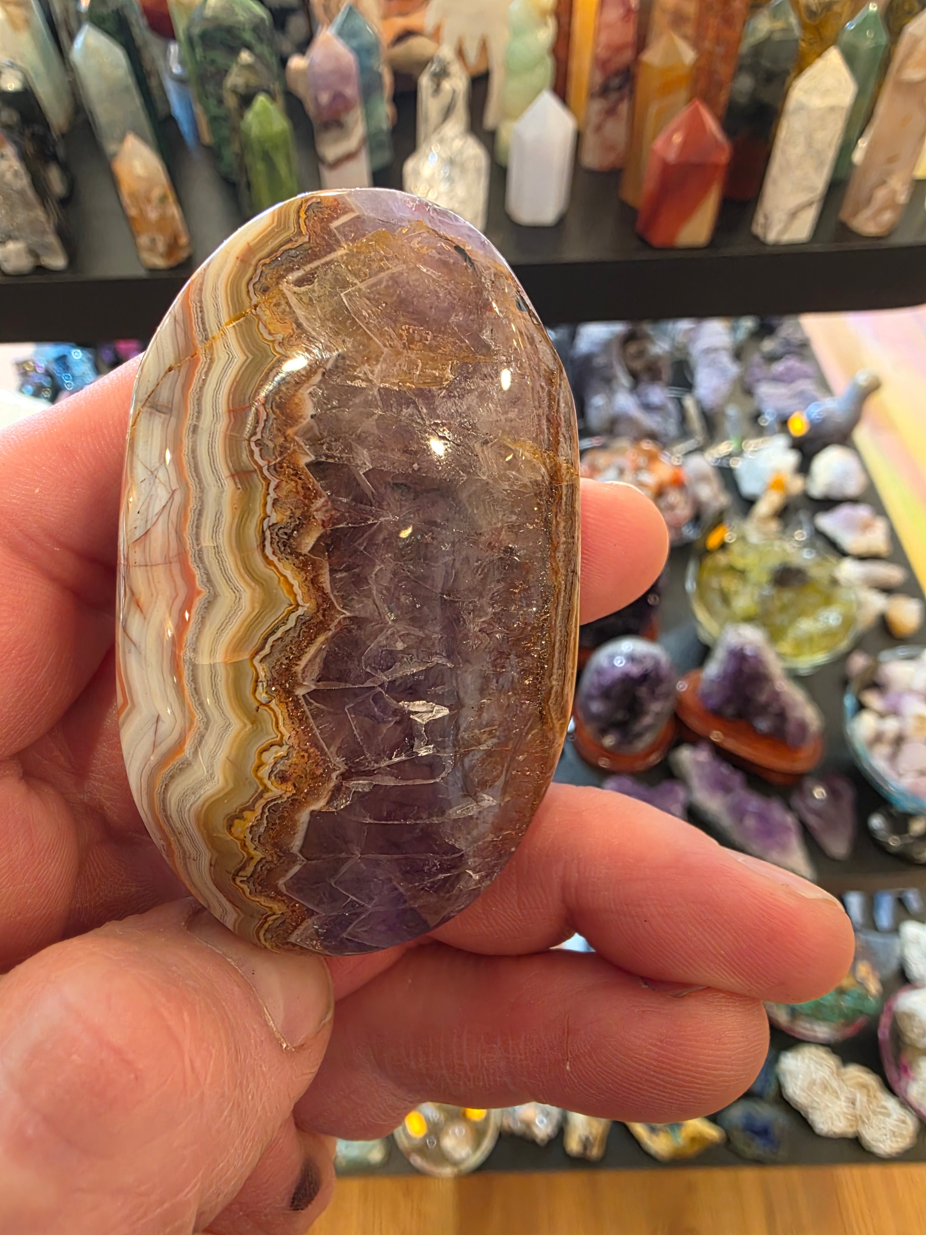 Crazy Lace Agate in Amethyst Palm Stone