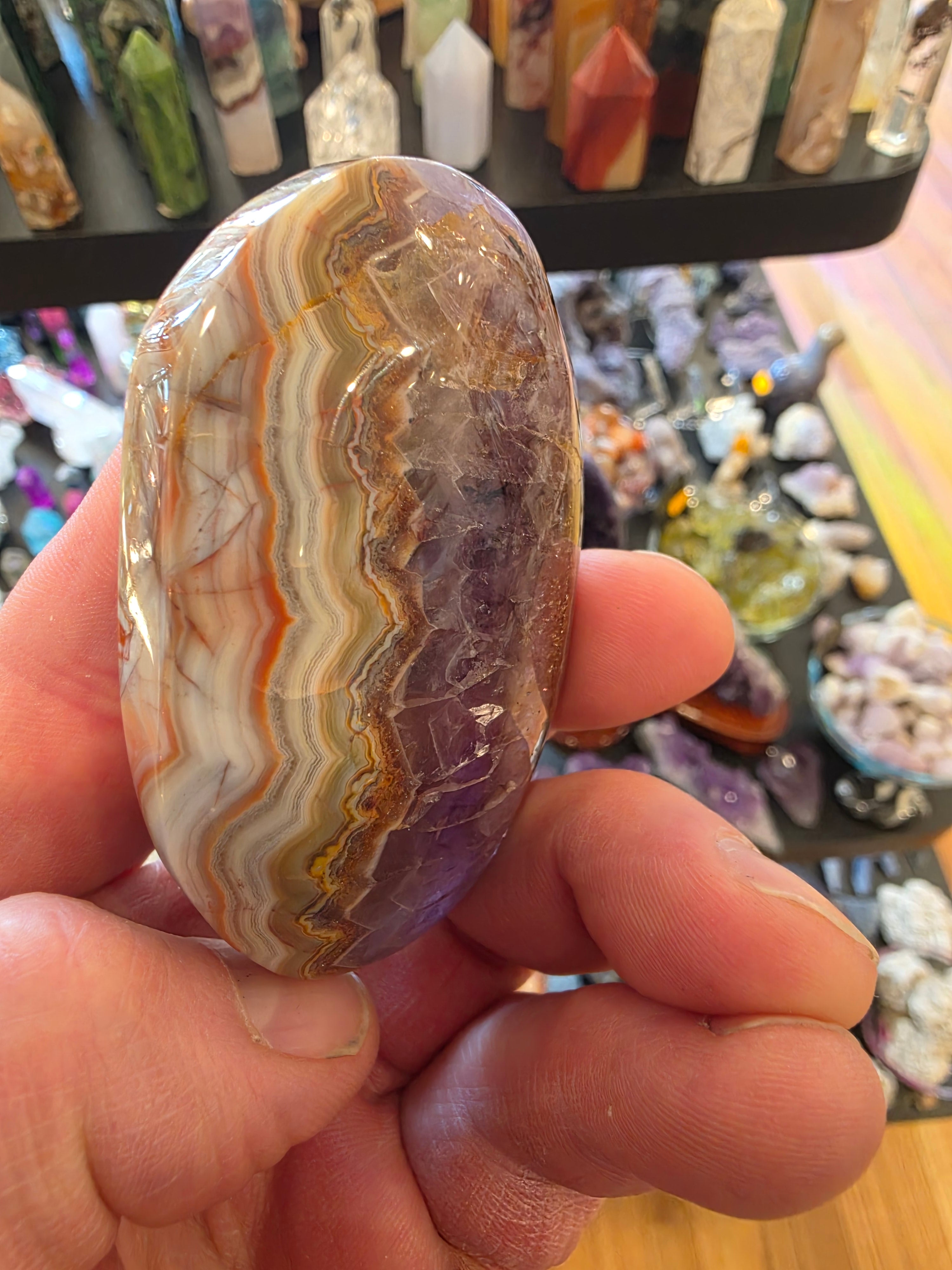 Crazy Lace Agate in Amethyst Palm Stone
