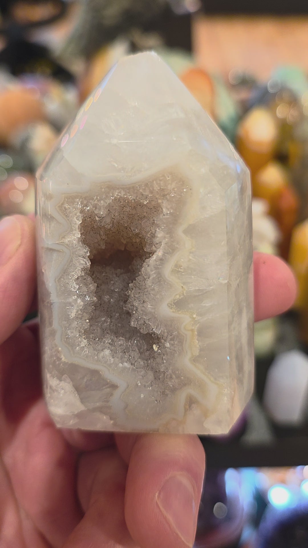 Agate in Quartz Druzy Tower