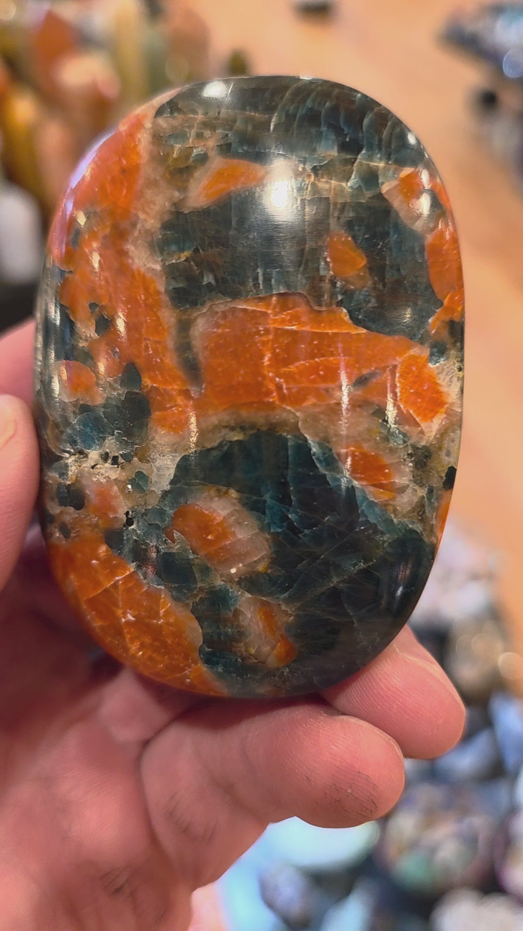 Blue Apatite in Orchid Calcite Palm Stone - Rare